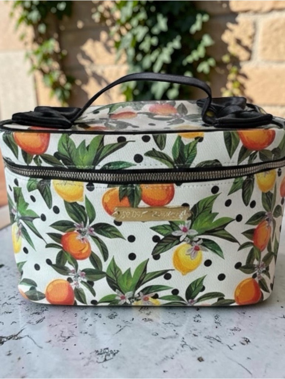 Betsey Johnson White Citrus Print Cosmetic Case with Black Trim